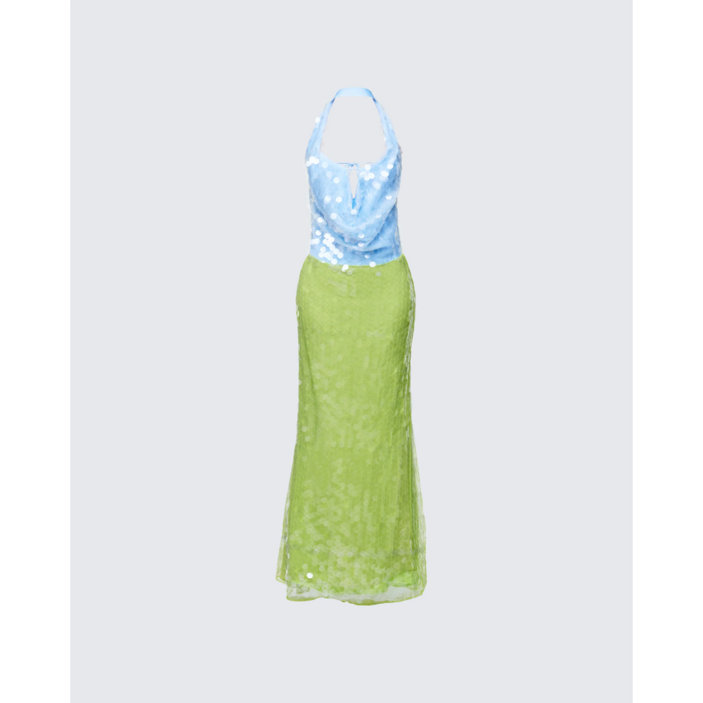 FINESSE Zelda Blue Sequin Cowl Neck Maxi Dress